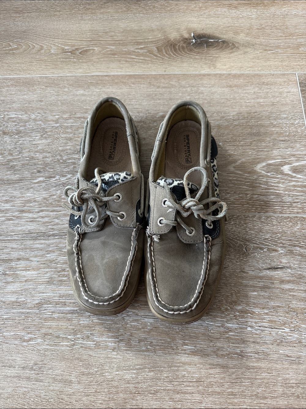 Sperry Taupe Leather Boat Shoes with Leopard Accent